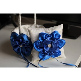 Alex Emotions | Big Flower Collection | Royal Blue Ivory Ring Bearer Pillow & Wedding Flower Girl Basket Set
