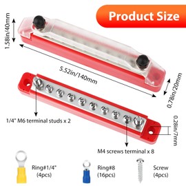 Linkstyle 12V Bus Bar Marine, 150A 1/4" Stud Power Distribution Block, Battery Busbar with Ring Terminals Cover for Automotive RV