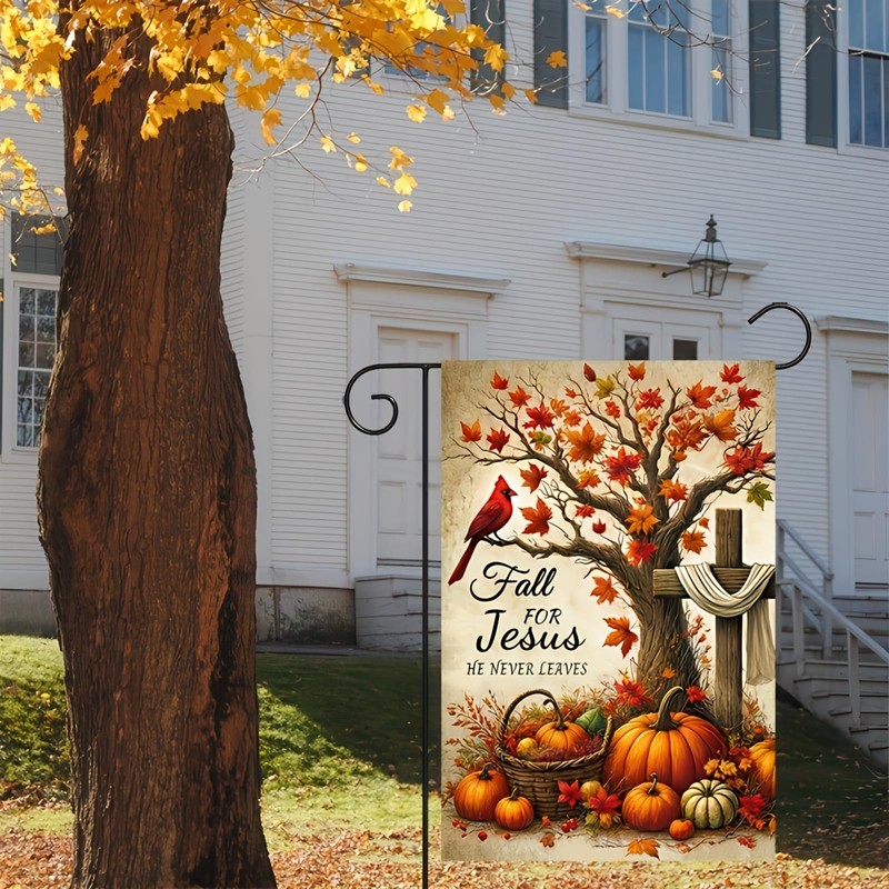 Fall Jesus Garden Flag Autumn Christian Decoration Pumpkin Cross Design