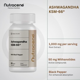 Nutracene Ashwagandha KSM-66 1,000mg with Black Pepper | High Strength Adaptogen | Stress Relief | Energy & Cognitive Support | Made in The UK | Vegan Friendly
