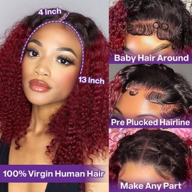 HIRIREMY Ombre 99J Burgundy Deep Wave BOB Wig Human Hair 1B/99J Short Curly Lace Front Wigs Human Hair For Black Women Wear And Go Glueless 13x4 HD Frontal BOB Wigs Ombre Red Colored 12 Inch