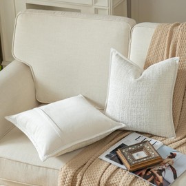 YAERTUN Pack of 2 Chenille Textured Decorative Cushion Covers Accent Solid Throw Pillow Covers Soft Cozy Pillow Case with Velvet Back for Couch Sofa Bed Living Room 18x18 Inch 45x45cm Cream White