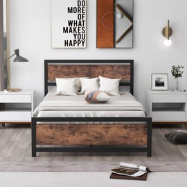 Polibi Full Size Platform Bed, Metal and Wood Bed Frame with Headboard and Footboard, No Box Spring Needed (Black,Full)