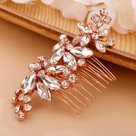 Chargances Bridal Rose Gold Rhinestone Flower Hair Comb Wedding Crystal Hair Side Comb Dainty Handmade Hair Accessories for Women Girls Bridesmaid Prom (Rose Gold)