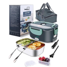 Buddew Electric Heated Lunch Box, 80W Fast Heating, 1.5L Food-Grade 304 Stainless Steel, 12V/24V/110V Portable Food Warmer for Car Truck Office Adults, Lonchera Electrica Portatil (Green)