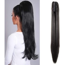 21" Inch Ponytail Hair Extension Clip In With Jaw/Claw Synthetic Hairpieces For Women [Natural Black] Straight Ponytail Extension