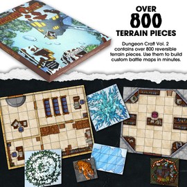 DUNGEON CRAFT Volume 2 Game, Hundreds of Terrain Pieces, Cut Place Play, Build Interactive Maps, Double-Sided & Water-Resistant, Portable 1 Inch Grid Overlay, Works with Wet Dry Erasers