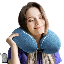 HIKENTURE Inflatable Aeroplane Neck Pillow with Cushion Cover - Inflatable Rice Pillow, Aeroplane Neck Pillow, Adult Inflatable Travel Neck Pillow, Airplane Train (Blue)