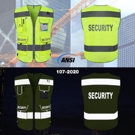 TCCFCCT Security Vest for Security Guard 9 Pockets High Visibility Reflective Safety Vest for Men Women, Durable Hi Vis Vest with Reinforced Sewing, Meets ANSI/ISEA, (G100S-Yellow, L)
