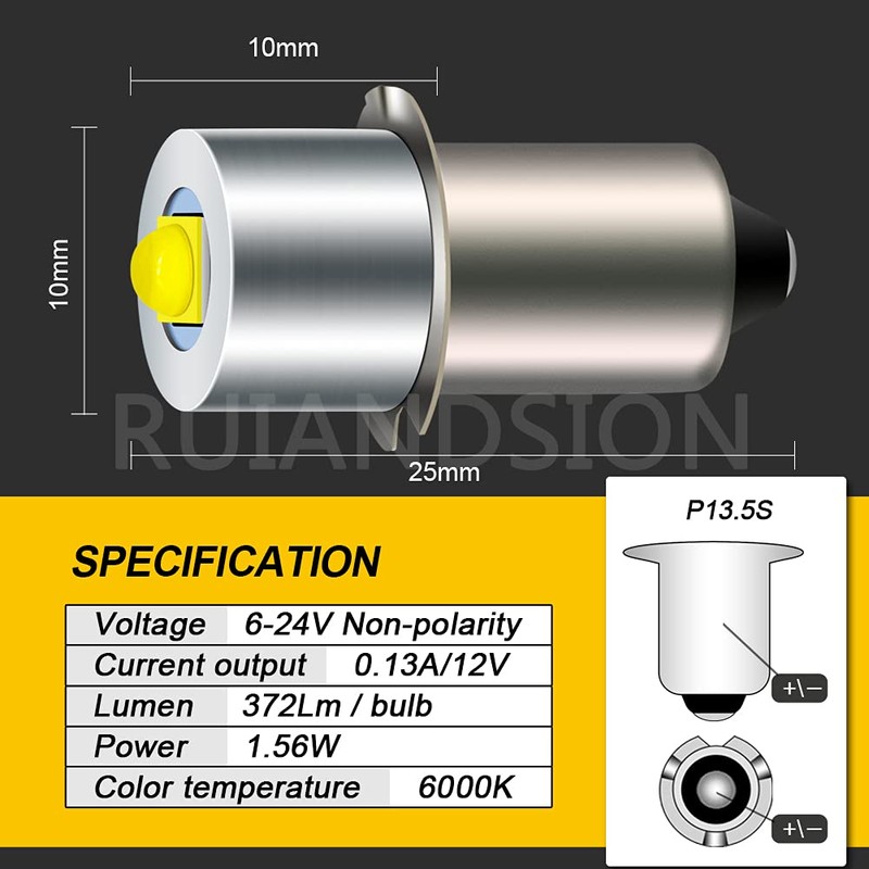 Ruiandsion Upgrade LED Flashlight Bulb P13.5S 6-24V LED Bulb 6V