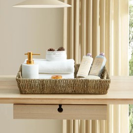 JS HOME 16.93 inch Rectangular Wicker Tray, Hand-Woven Rattan Serving Trays with Handles for Snack Drinks Coffee Table Tray, Seagrass 1Pack