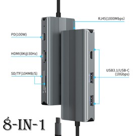 USB C Hub, USB C Laptop Docking Station with 8K HDMI, 100W PD, USB-C, Gigabit Ethernet, 2 USB, SD/TF, Compatible with Part MacBook/Dell/HP/Lenovo/Surface and More Thunderbolt 3/4 Laptop