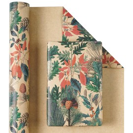 RUSPEPA Kraft Christmas Wrapping Paper Roll, Mini Roll, Watercolor Winter Botanical Design with Pinecones, Holly and Poinsettia, Kraft Gift Wrap for Xmas Holiday, Winter Party, 17 Inches x 16.4 Feet