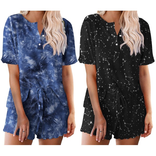 Ekouaer 2 Pack Womens Pajama Sets Short Sleeve Top with