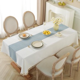 Alsoo Tablecloth for Dining Table Rustic Farmhouse Kitchen Wrinkle Free Table Cloths Coffee Table Cover, Cotton Linen Fabric Rectangle Tablecloth, Beige, Blue Stripe, 55x106 Inches