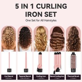 Maxt 5-in-1 Interchangeable Curling Iron Wand Set with 3 Barrels & Curling Thermal Brush | Ceramic Coated for Long-Lasting Curls, Waves Hair Curler (0.35-1.25 inch)