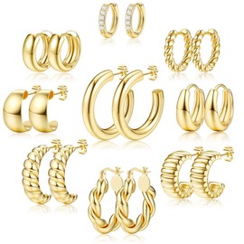 Krfy Gold/Silver Hoop Earrings Set for Women - 14K Gold Plated Twisted Huggie Hoop Earring Hypoallergenic Thick Open Lightweight Chunky Hoop Earrings Jewelry - Color: Gold