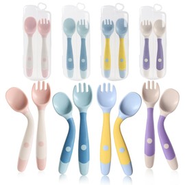 Toddler Spoons and Forks Set Bendable Baby Utensils Set Self-Feeding Silverware for Kids Infants Children with Travel Case Gum Friendly Food Grade Dishwasher Safe (4 Set)