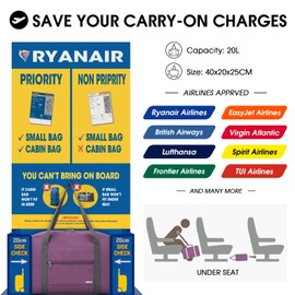 Wandf Cabin Hand Luggage Bag, Small Foldable Bag for Aeroplane Travel, 40 x 20 x 25 cm, Sports Bag, Hospital Bag, Weekender Bag, A-violet