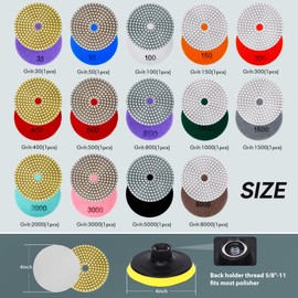 4 Inch Diamond Polishing Pads Set, 16PCS Wet/Dry Granite, Marble, Concrete Polishing Kit, 30-8000 Grit for Drill, Grinder, Polisher - Ideal for Stone, Countertops, and Floor Polishing with Backer Pad