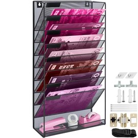Organizador de archivos de pared de malla con 8 bolsillos con bandeja plana inferior, carpeta de archivos colgante de oficina, revistero, juego de gan