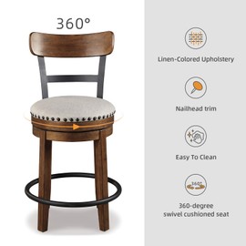 Signature Design by Ashley Valebeck Rustic Farmhouse Swivel Bar Stool – 24.5″ Counter Height, 360° Swivel Metal & Wood Frame, Polyester Upholstery – Brown
