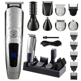 6-in-1 Electric Beard Trimmer and Hair Clipper Set for Men, Waterproof Cordless Grooming Set for Beard, Body Hair Trimming with Limit Combs, USB Rechargeable with LCD Display, Gifts for Men