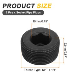 QUARKZMAN Pack of 2 Male Threaded Socket Plugs, NPT 1-1/4 Inch Carbon Steel Internal Hex Thread Pipe Fasteners for Pipe Connections and Sealings, Black