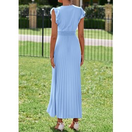 KIRUNDO Women's Summer Maxi Dresses Elegant V Neck Ruffle Flutter Sleeves Empire Waist Pleated Flowy Wedding Guest Dress (Light Blue, Small)