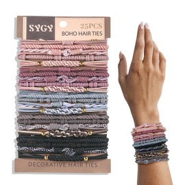SYGY 25 PCS Boho Hair Ties, Bracelets Hair Ties for Thick or Thin Hair, 5 Styles Boho Ties for Ponytail Holders, 2.36' Hair Ties No-Damage, Multicolor
