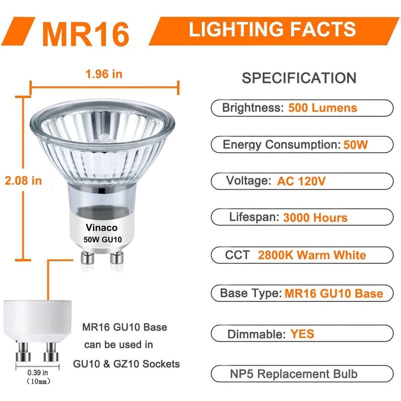 Vinaco Halogen GU10 Bulb Dimmable 50W 2800K Warm White for