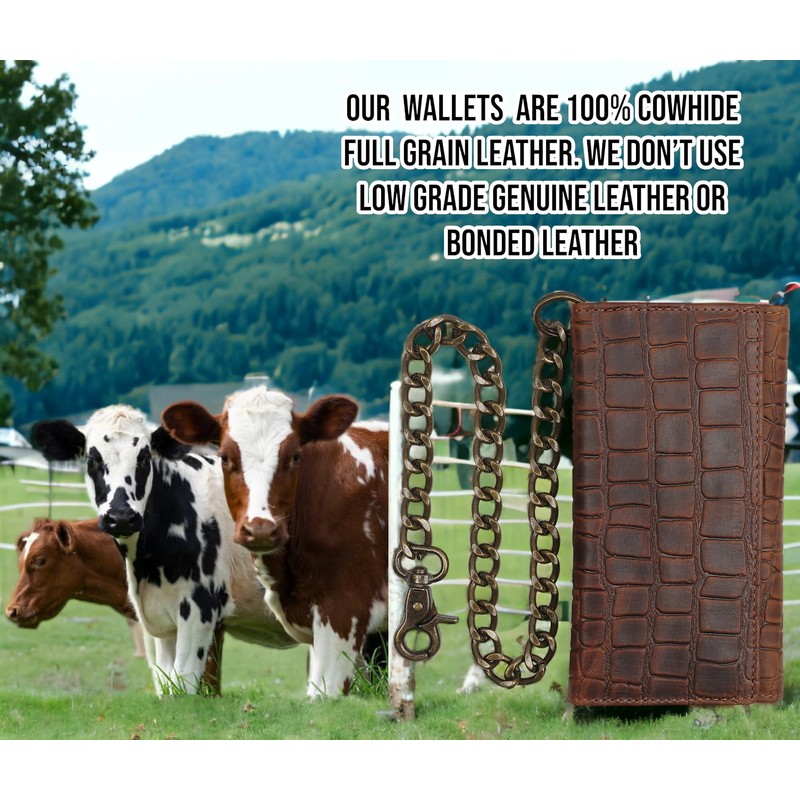 F&L CLASSIC RFID Blocking Mens Tri-fold Long Style Cowhide Leather