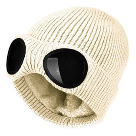 TecHong Unisex Knitted Goggles Beanie - Winter Stylish Skull Warm Cap, Outdoor Sports Fashion Fleece Lining Stretchy Hat Beige
