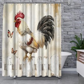 Rasrantyed Rustic Farmhouse Rooster Shower Curtain, Country Style Chicken on Fence with Butterflies Design, Polyester Fabric 72x72'' with Hooks