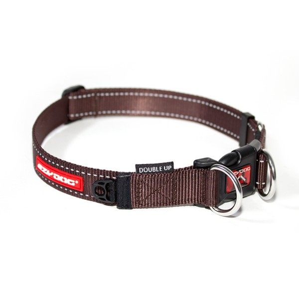 EzyDog Double Up Premium Nylon Dog Collar with Reflective Stitching - Double D-Rings for Superior Strength, Safety, and Comfortability - Non-Rusting and Includes an ID Attachment (Small, Chocolate)