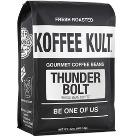 Koffee Kult Thunder Bolt Dark French Roast Whole Bean Coffee Small Batch 100% Arabica Gourmet Blend, Bold and Well Balanced 32oz Resealable Package
