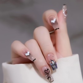 False Nails French Tip,24PCS Black White Gradient False Nails,Acrylic Full Cover Fake Nails with Jelly Glue for Women Girls (Black,White,Heart, One Size)