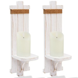 Homemory Wall Sconces Candle Holder Set of 2, Farmhouse Wooden Rustic Wall Decor for Living Room, Dining Room, Bedroom, Bathroom (White)
