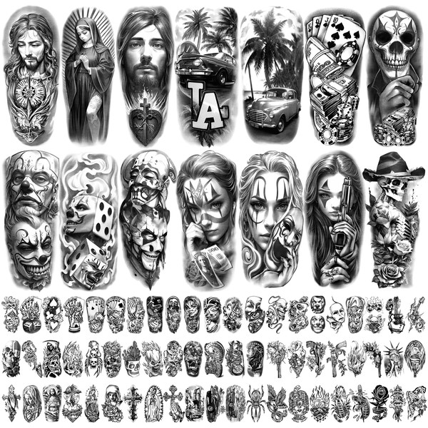77 Sheets Large Chicano Temporary Tattoos, Chicana Guadalupe Gangster Fake Tattoos Prisoner Day of the Dead, Lowrider Style Culture Mexico Chicano Clown Tattoo Stickers for Men Women Adult