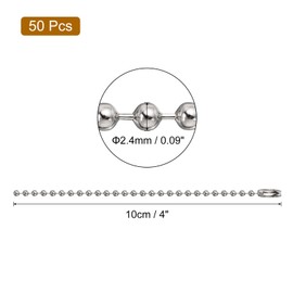 HARFINGTON 50pcs Ball Beads Chain 4 Inch 2.4mm Diameter Metal Dog Tag Keychain Ball Connector Clasp for Jewelry Making Necklace DIY Crafts, Silver Tone