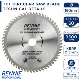 Rennie Tools - 160mm x 20mm Bore x 60T TCT Circular Wood Saw Blade. Fits Bosch Festool TS55 Makita Ryobi Dewalt Circular Saws etc, 160mm Circular Saw Blade Also Fits 165mm Circular Saws