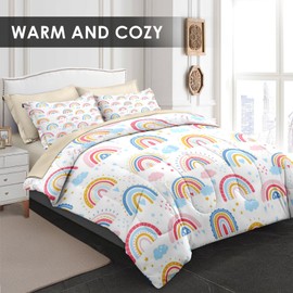 Pamnest Comforter Set Queen Size, Rainbow Sunshine Star 7 Pcs Bedding for Kids and Adults, Dream Pink Cute Bed Sheet Sets with Fitted Sheet 2 Pillowcase & 2 Sham for Bedroom Bed Decor