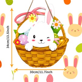 13.5x11.7 Inches Easter Day Bunny Basket Door Sign with Eggs and Daisy Flowers, Woven Basket Shaped Hanger Hanging Decor for Spring Season, Festive Front Door Indoor Outdoor Decoration