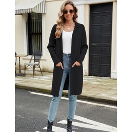 Knee Length Black Cardigan for Women Open Front Cardigan Sweaters Lightweight Pockets Sweater Coat Black Large