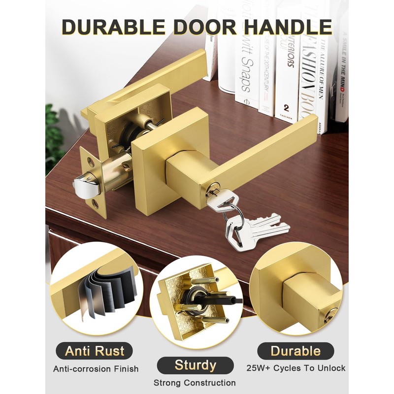 Tinewa 2 Pack Brushed Gold Entry Door Levers with Lock
