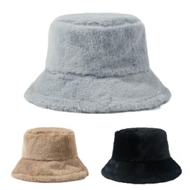 Women Winter Faux Fur Bucket Hat Soft Plush Hat Thicken Wide Brim Fisherman Cap Stylish Vintage Winter Warm Cap for Outdoor Shopping Headwear for Ladies Girls Dark Grey
