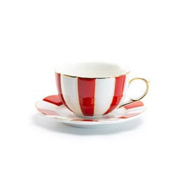 Gracie China Shop Grace Teaware Red and White Scallop Fine Porcelain Tea Cup and Saucer with Gold Trim, Regular