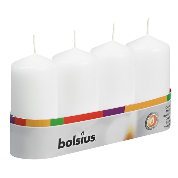 Bolsius Pillar Candles - White - Pack of 4 - Long Burning Time of 20 Hours - Household - Interior Decoration - Non Drip - Unscented - Easy to Relight - Paraffin Wax - 100 x 50 mm