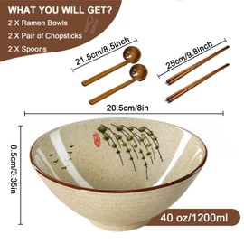 mehrido Ceramic Ramen Bowl Set, 2 Sets 34 Ounces Large Japanese Noodle Soup Bowls with Spoons and Chopsticks for Soup Udon Soba Pho Asian Noodles Pasta Salad