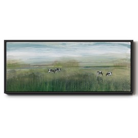 Renditions Gallery Nature Symphony Canvas Artwork Cows Grazing in Beautiful Shandelee Green Fields Floater Frame Decor Paintings for Bedroom Office Kitchen - 8"X20" BLACK Frame GAL032